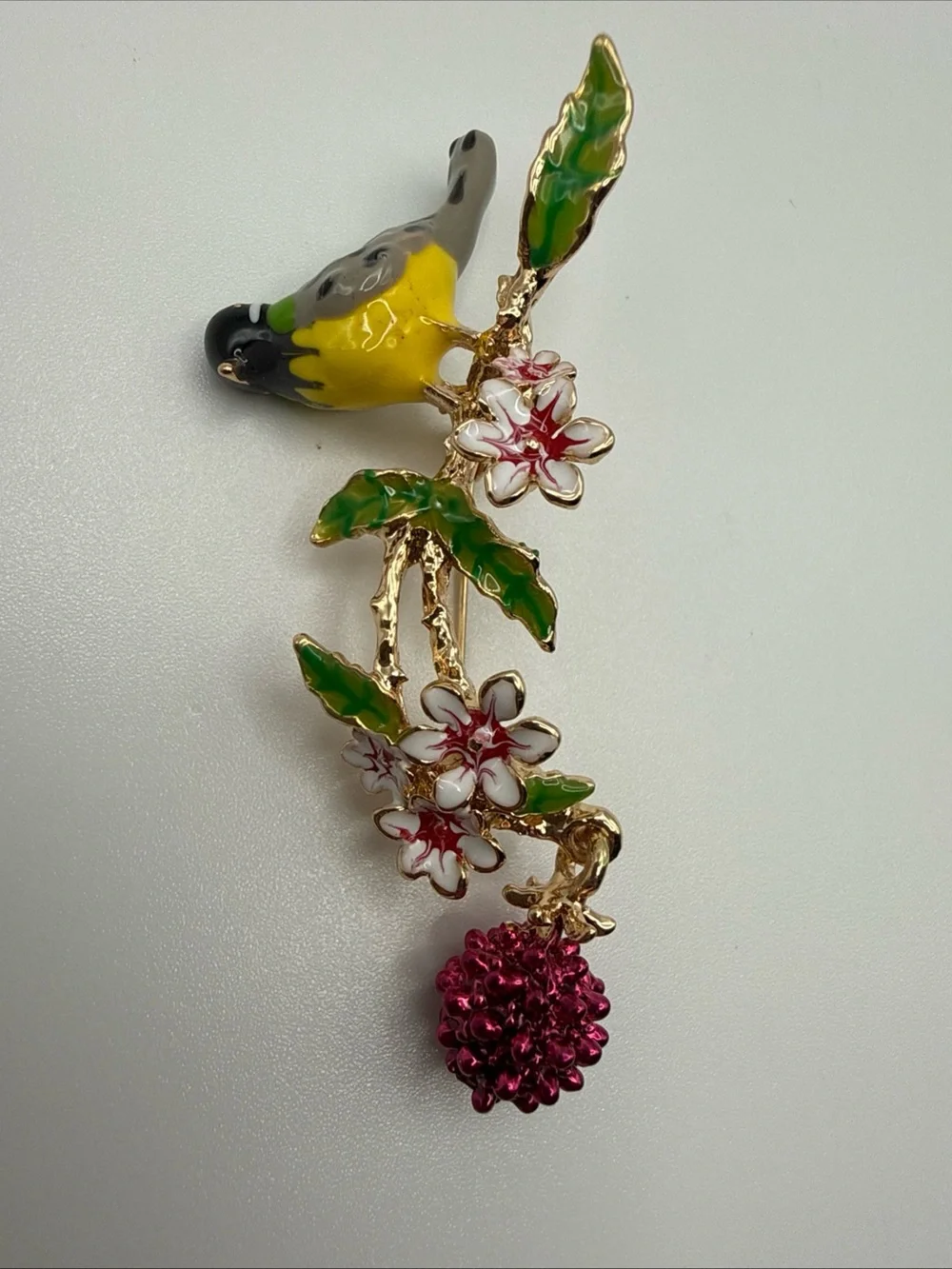 Enamel Yellow & Green Bird Floral Brooch - Unbranded